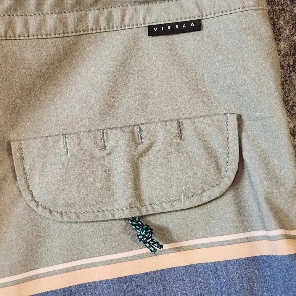 Vissla The Point Coconut Boardshorts 34 Green Blue Striped Stretch Swim Trunks